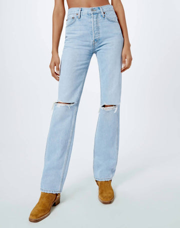 Re/Done 90s high rise loose bleach destroy jean in pale indigo wash