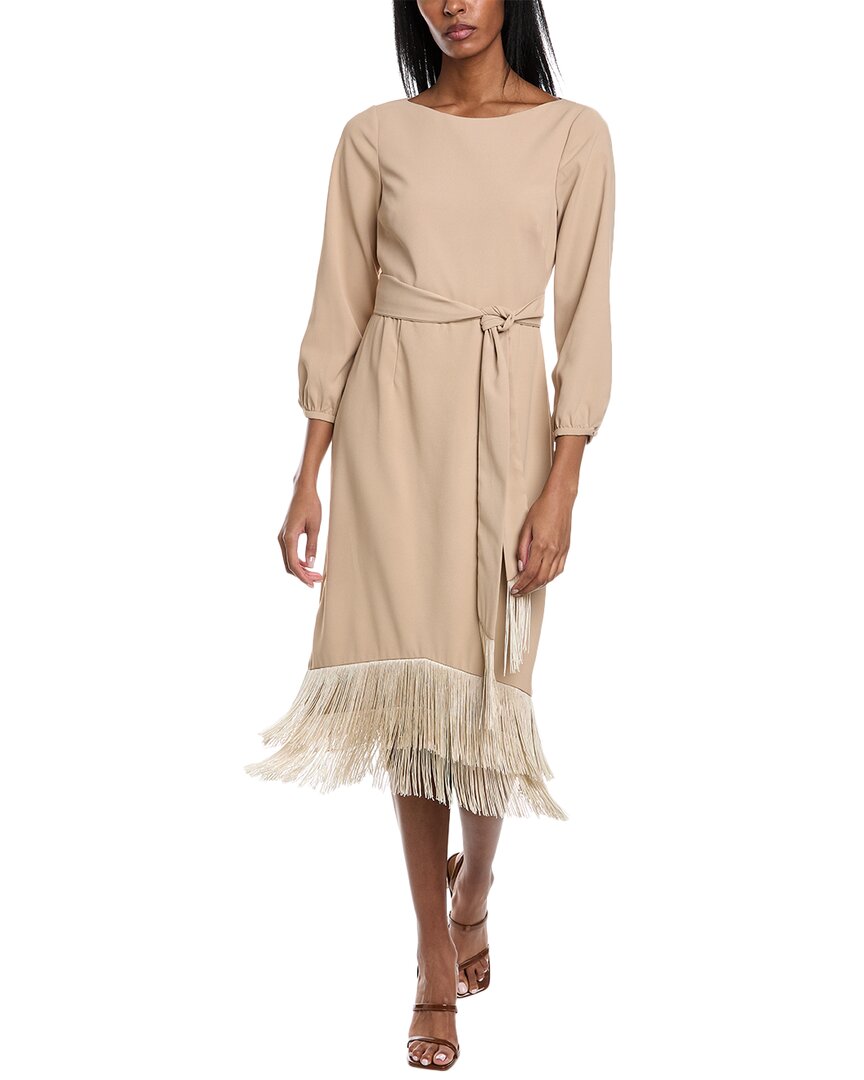 Shop Mikael Aghal Fringe Midi Dress In Beige