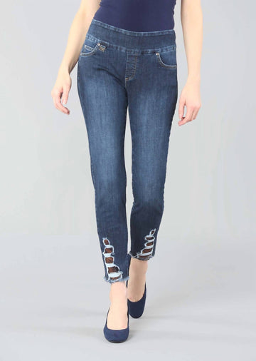 Lisette betty denim 28 slim ankle pant with tear and insert in dark denim