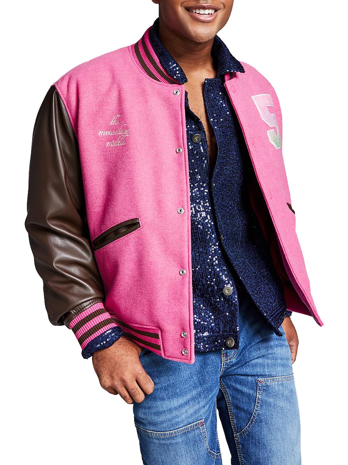 Shop And Now This Varsity Mens Faux Leather Trim Colorblock Bomber Jacket In Pink