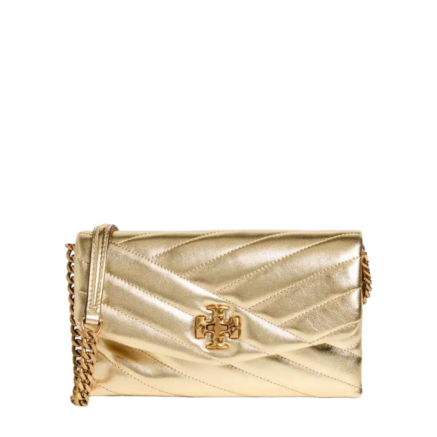 TORY BURCH Kira Chevron Metallic Chain Wallet In Spark Gold