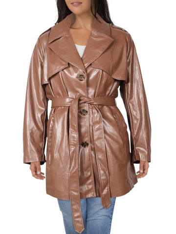 Sam Edelman plus womens faux leather cold weather trench coat