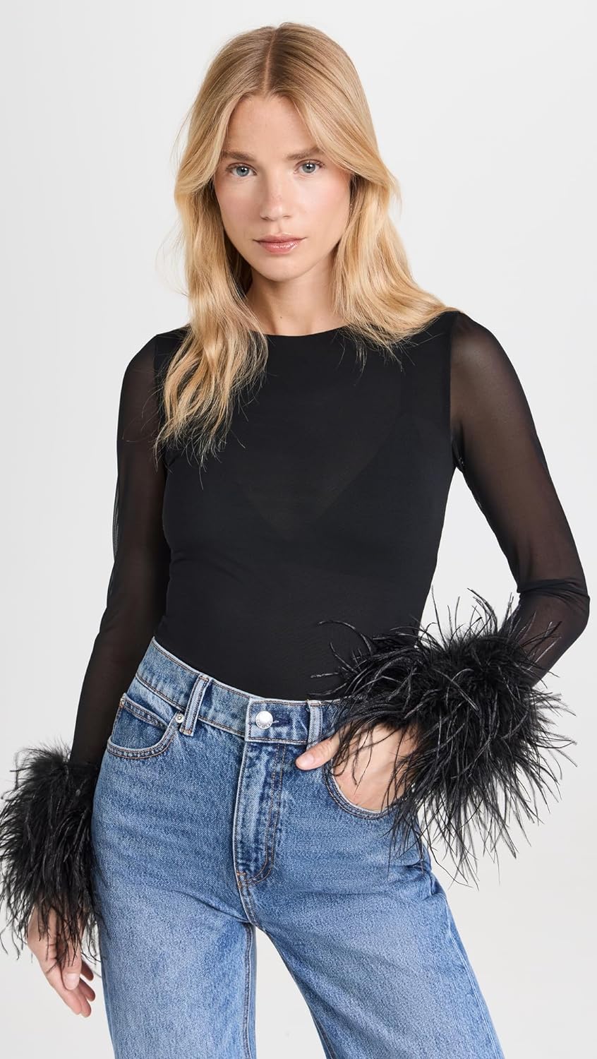 Shop Alice And Olivia Women's Mia Feather Trim Bodysuit In Black