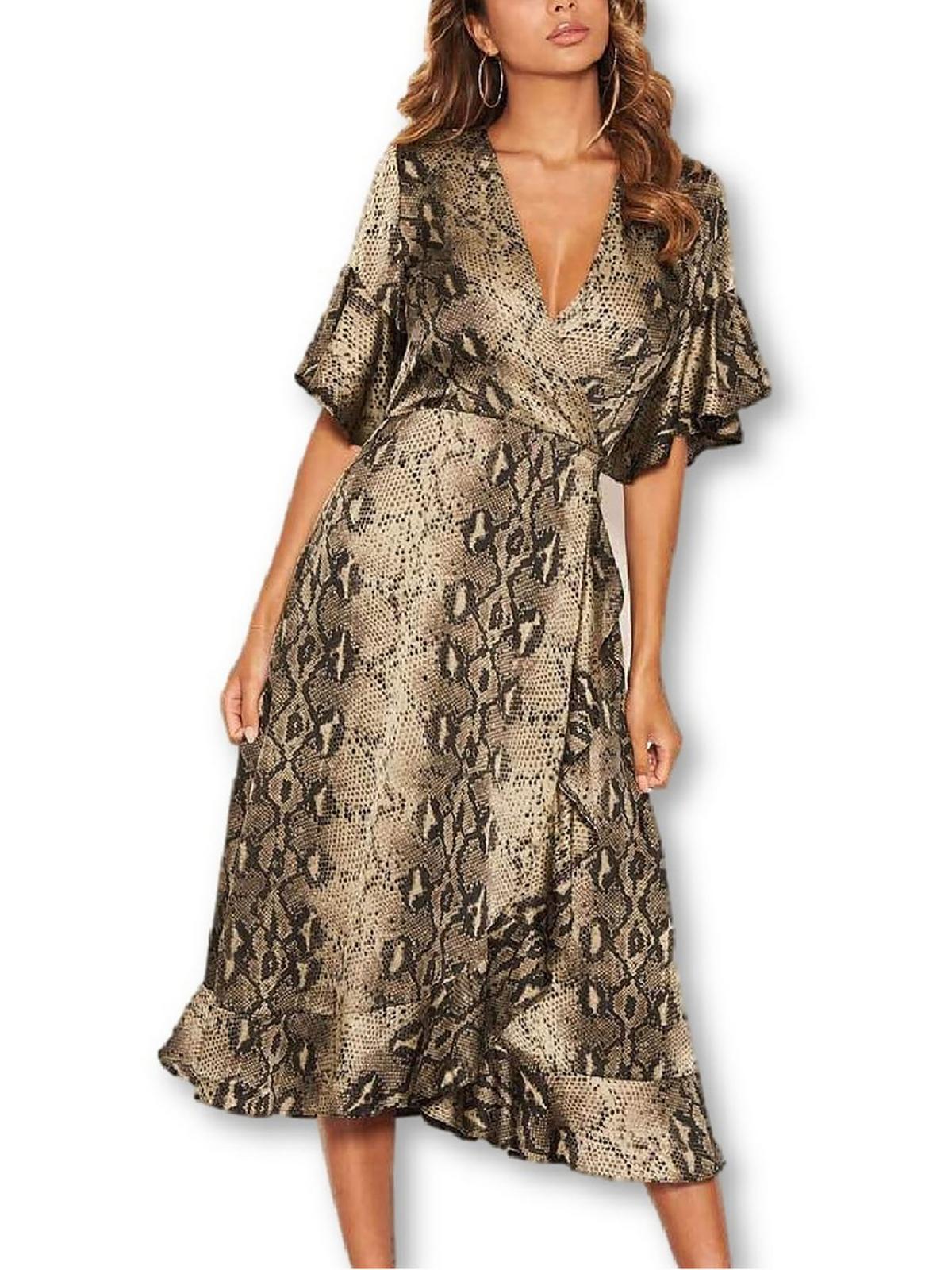 Ax Paris Womens Snake Print Faux Wrap Midi Dress In Green