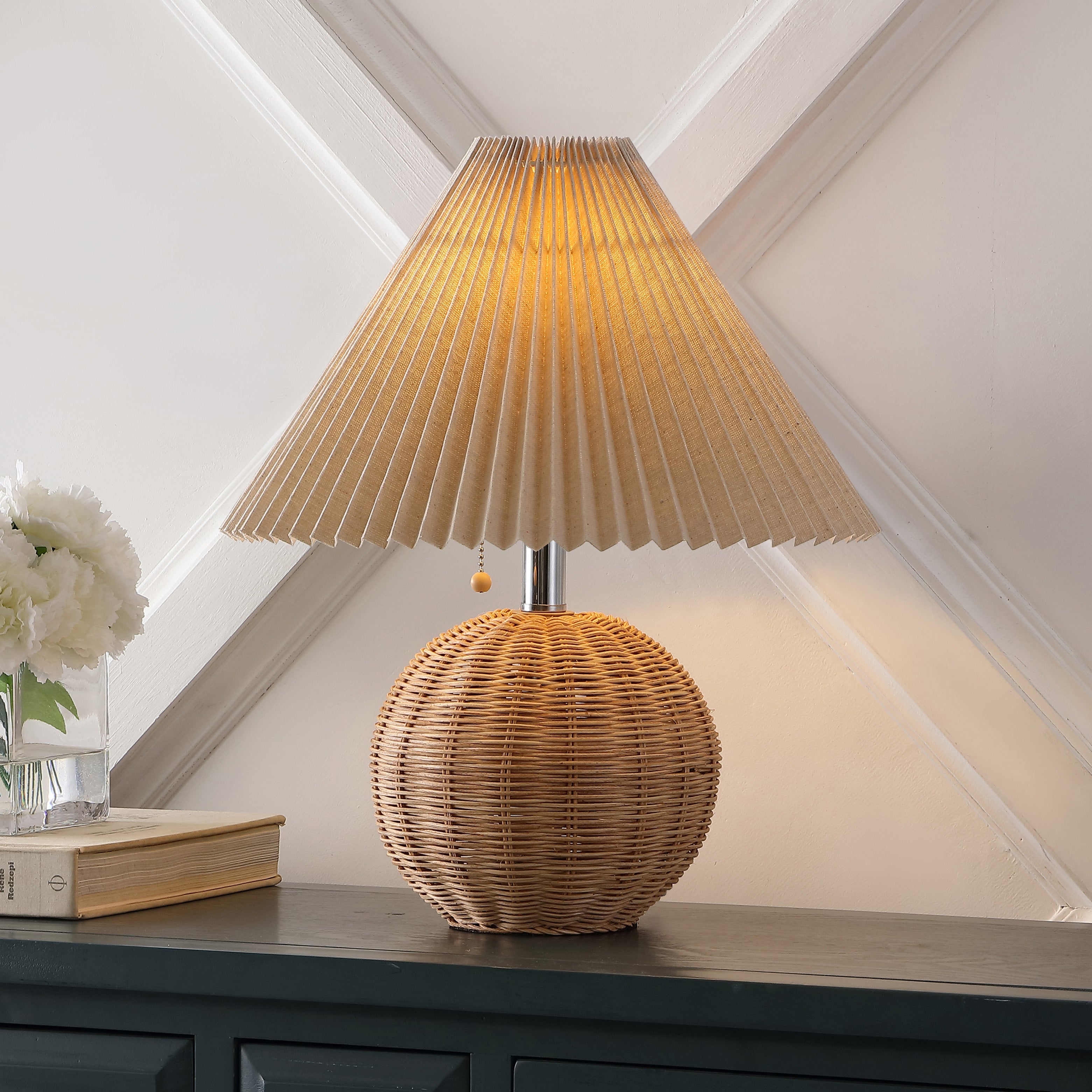 Shop Jonathan Y Aksel 17.25" Coastal Scandinavian Rattan/iron Sphere Led Table Lamp With Pleated Shade And Pull Chai