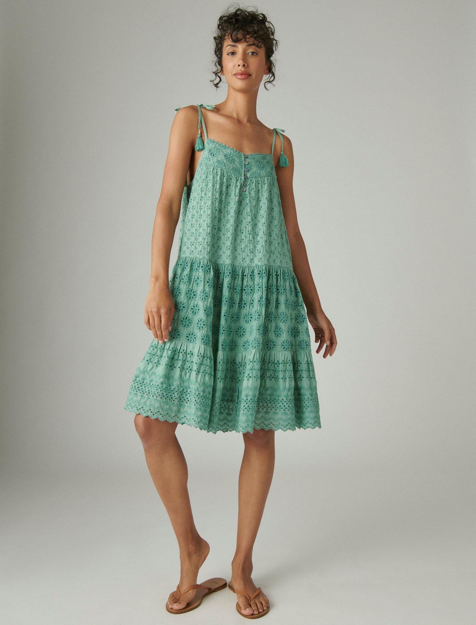 LUCKY BRAND Lucky Brand Womens Tie Sleeve Tiered Eyelet Dress