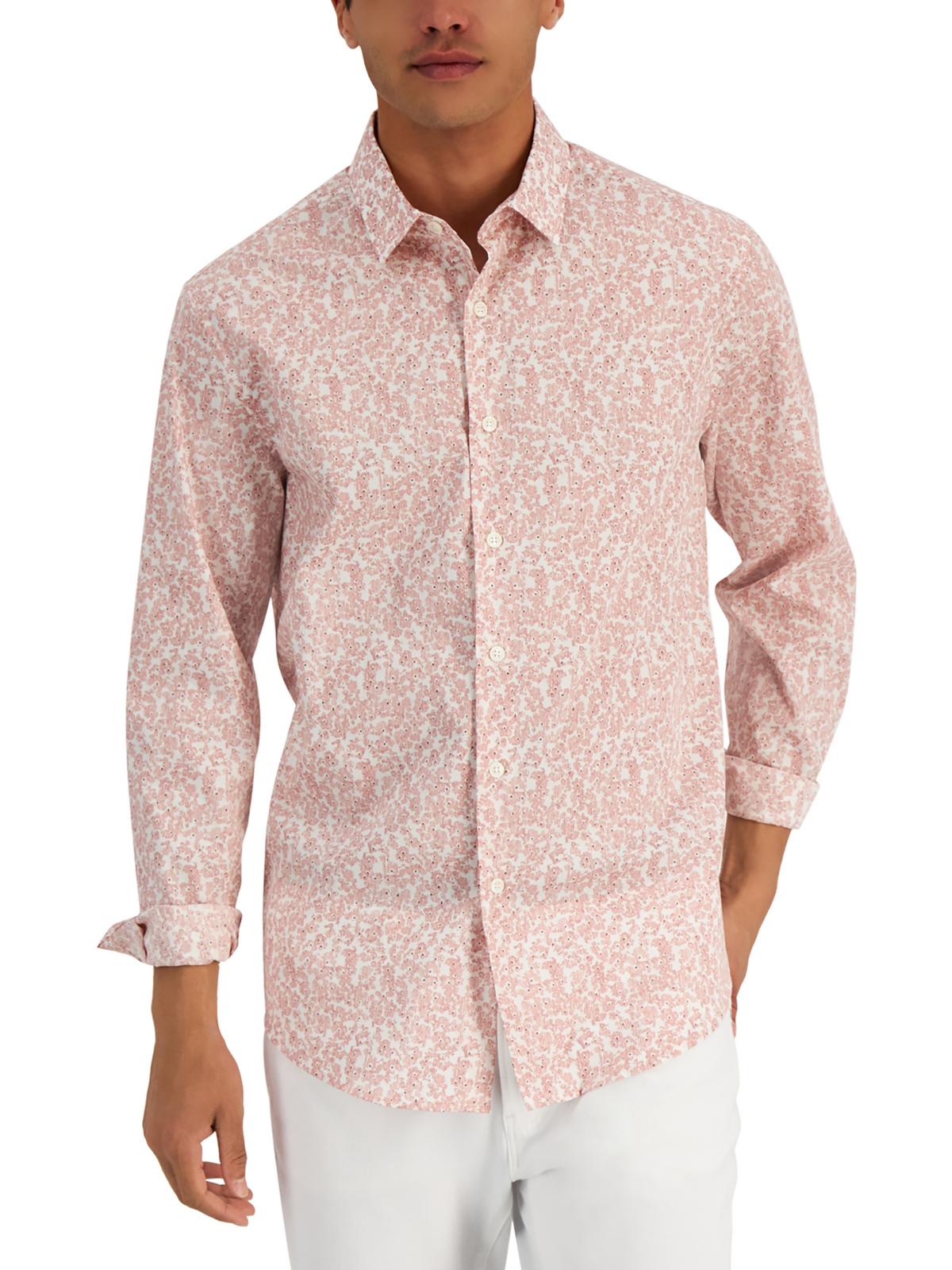Shop Alfani Mens Cotton Floral Button-down Shirt In Pink