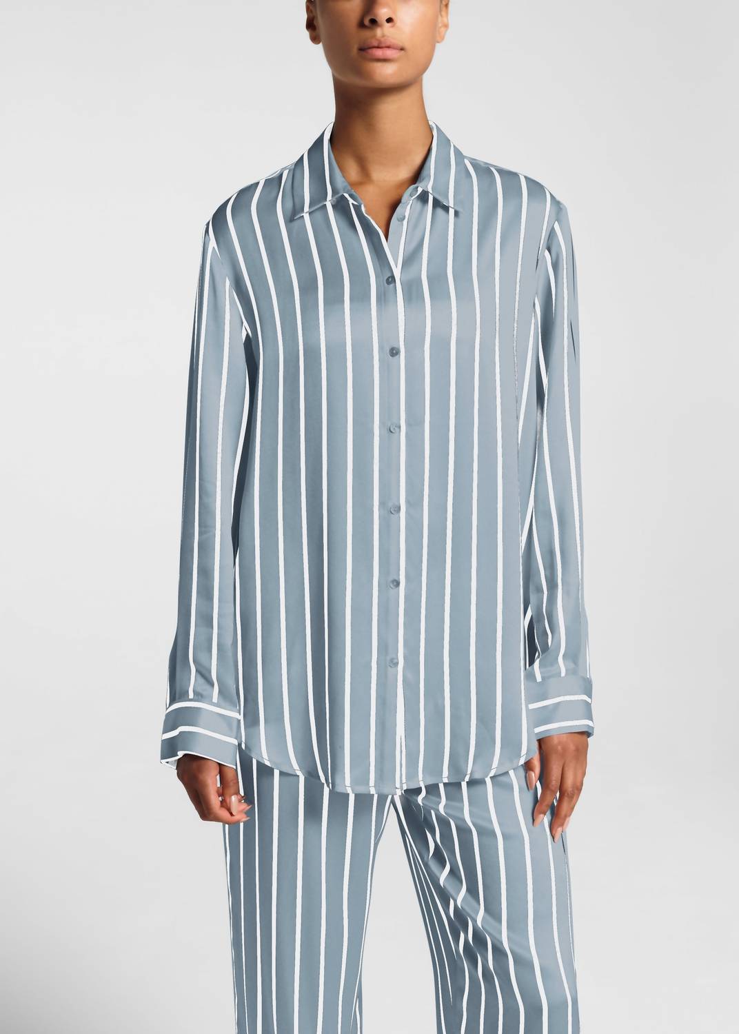 ASCENO London Striped Silk Pj Top in Dust Blue Stripe