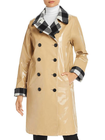 Janepost double-breasted slicker with buffalo trim coat in beige