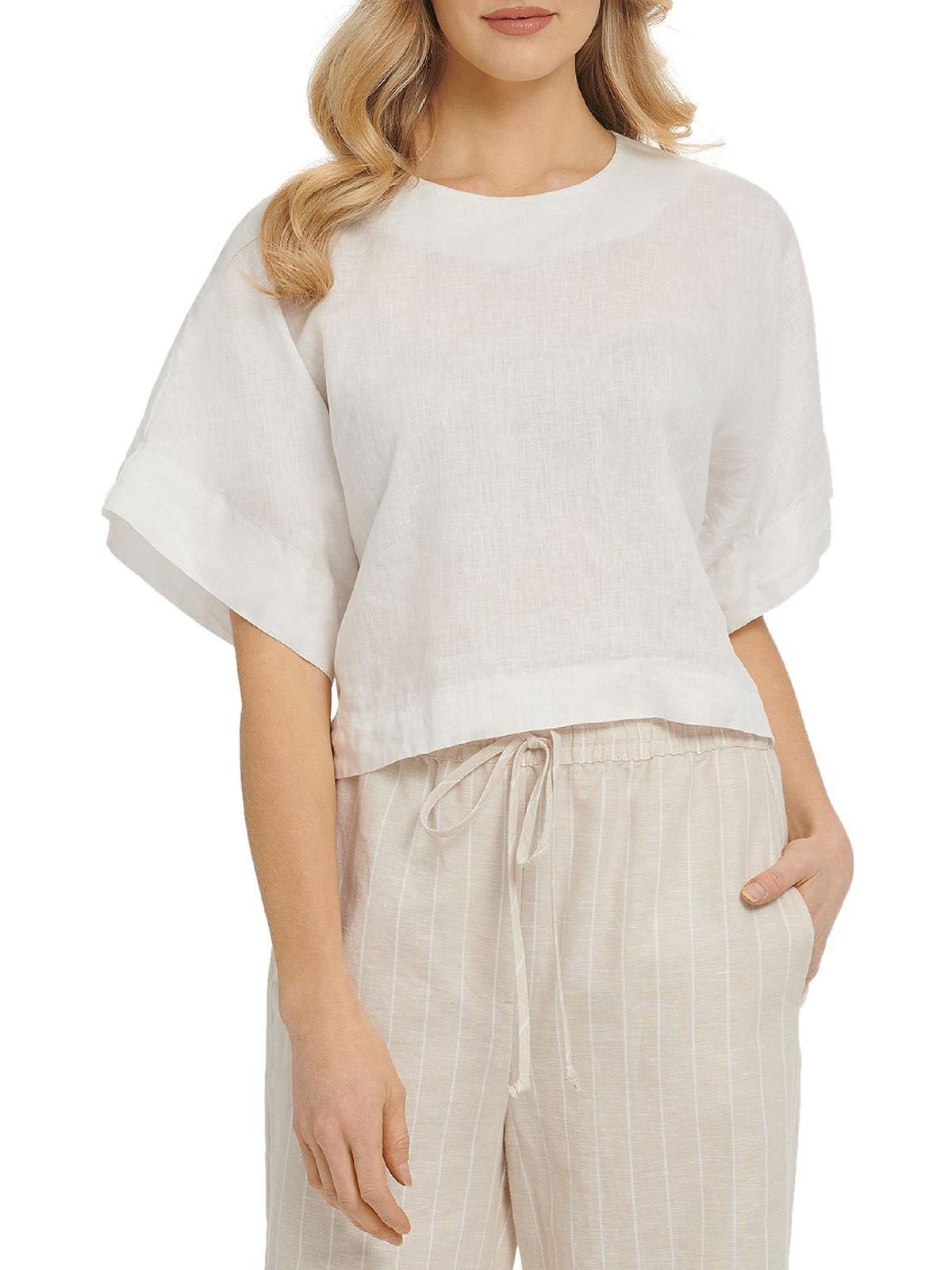 DKNY Womens Linen Cropped Blouse
