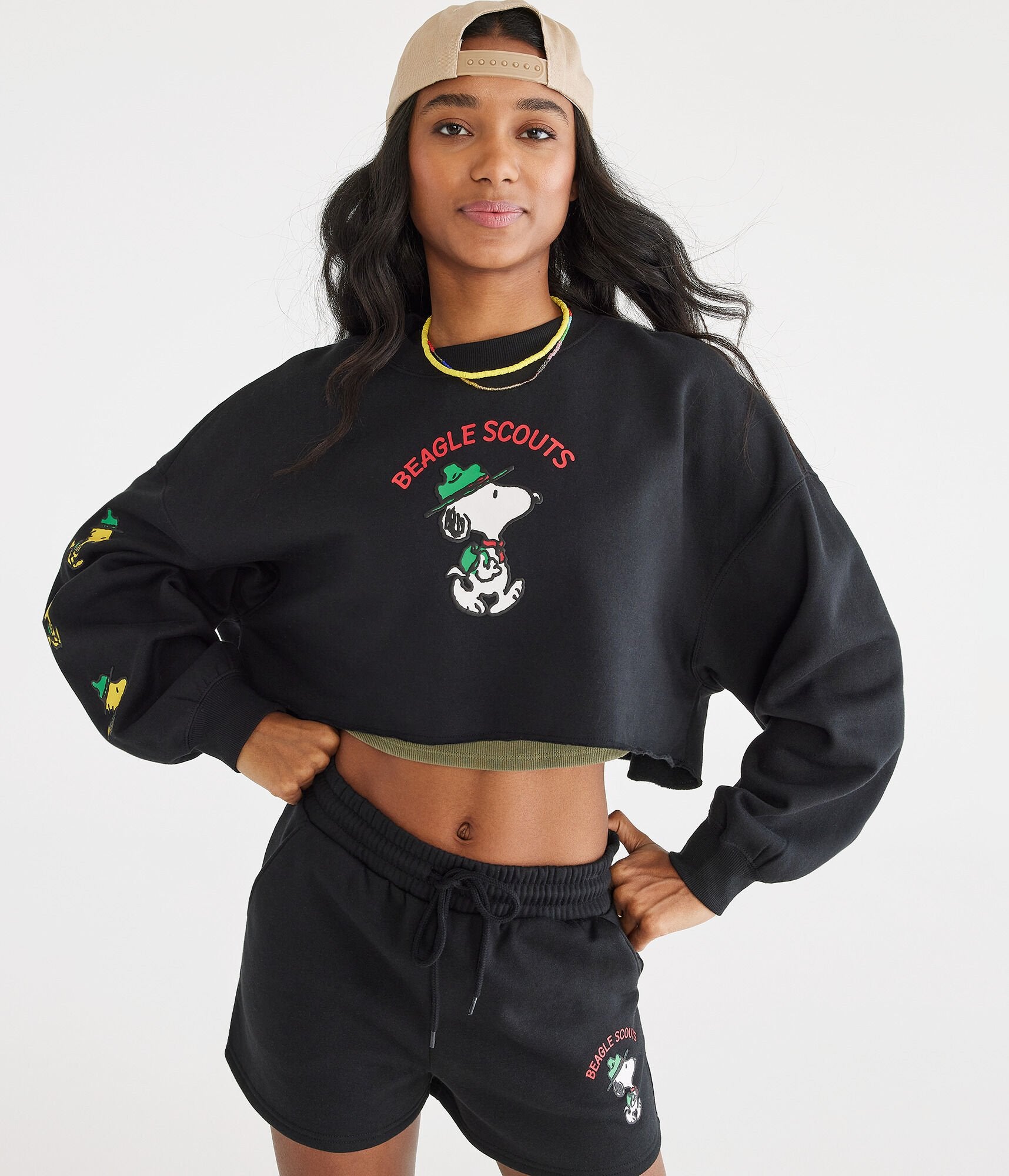 Shop Aéropostale Camp Snoopy Beagle Scouts Cropped Sweatshirt In Multi