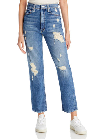 Mother study hover womens destroyed high waisted straight leg jeans