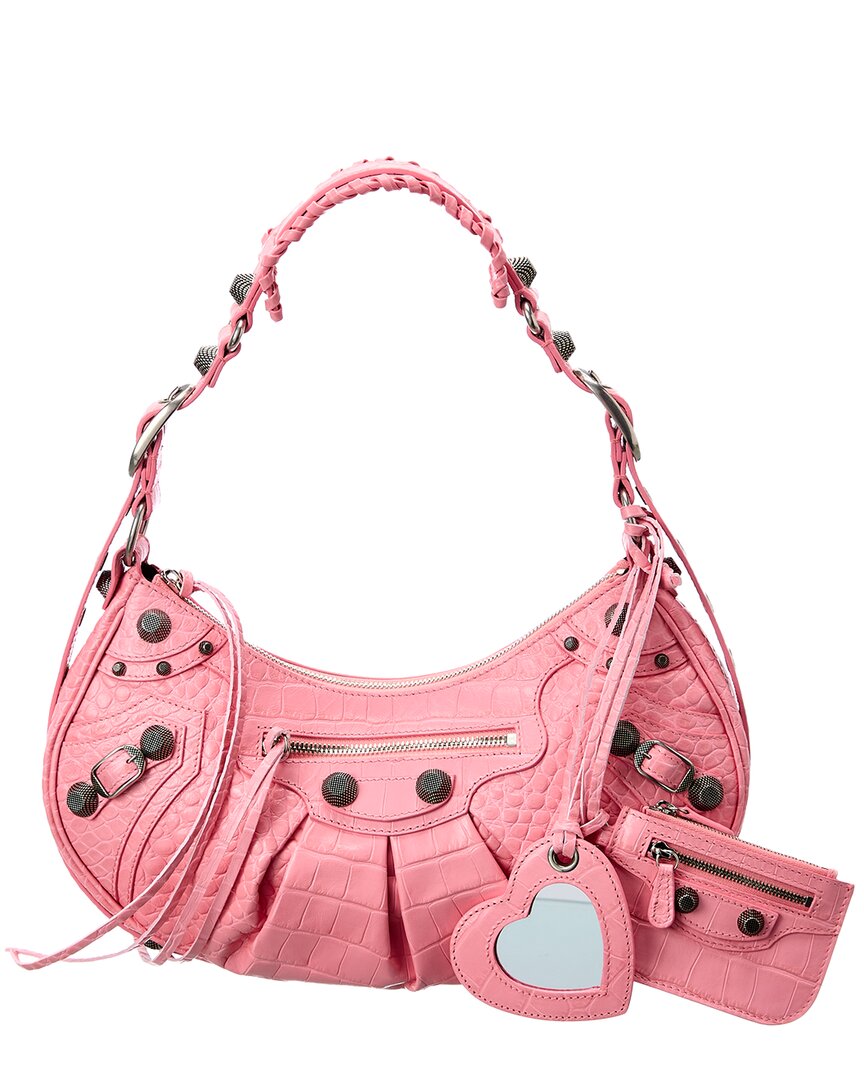 Balenciaga: Pink Croc Small 'Le Cagole' Shoulder Bag