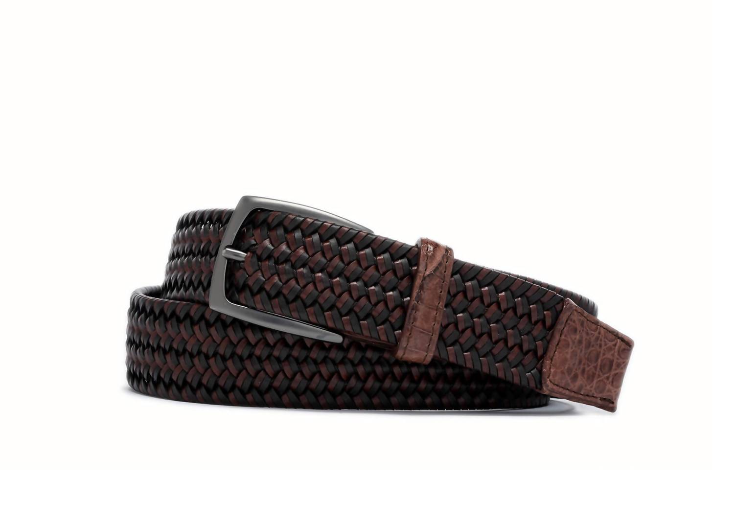 W. KLEINBERG Men'S Leather Stretch Belt With Croc Tabs And Buckle in Cigar/Gunmetal