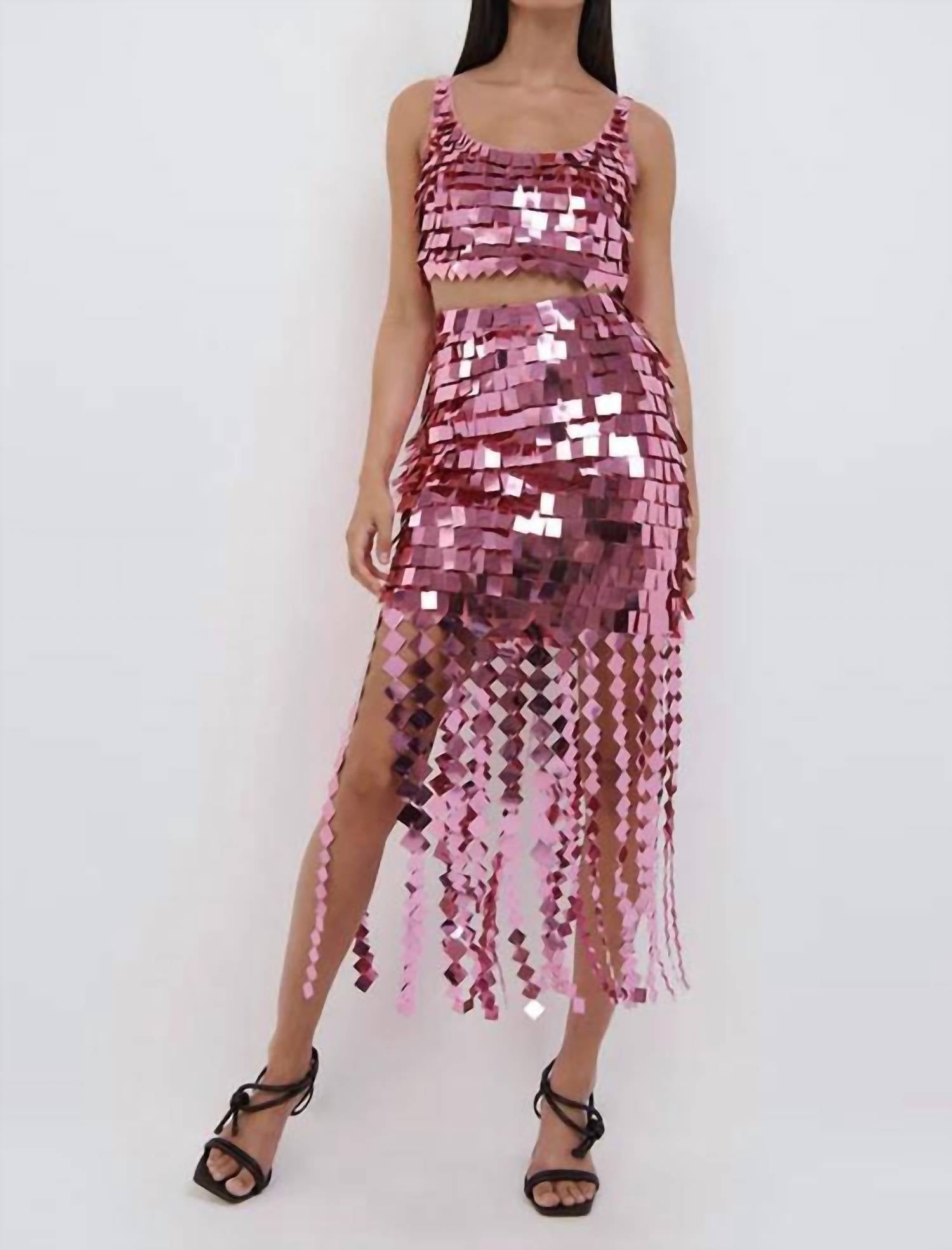 JONATHAN SIMKHAI Lucee Embroidered Sequins Midi Skirt in Punch