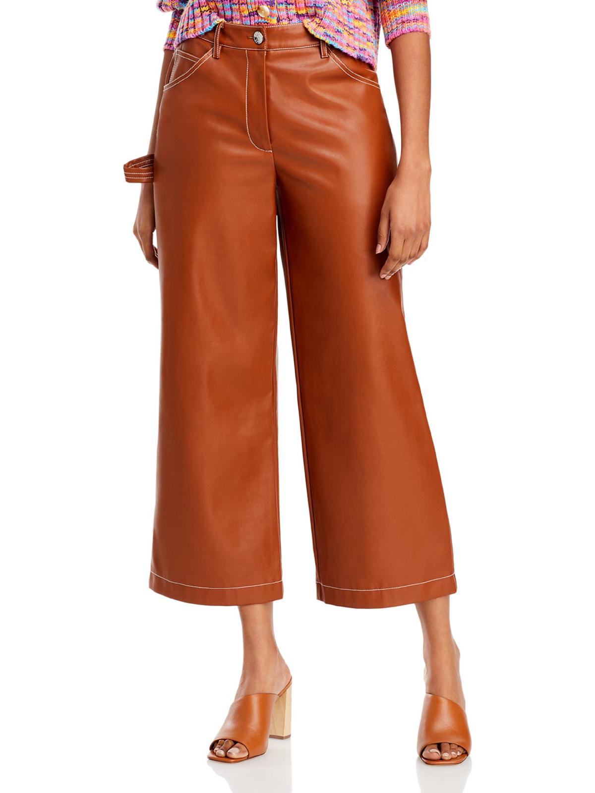 STAUD Womens Faux Leather Cropped Wide Leg Pants