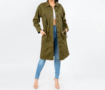 American Bazi loose fitting knee length jacket in olive