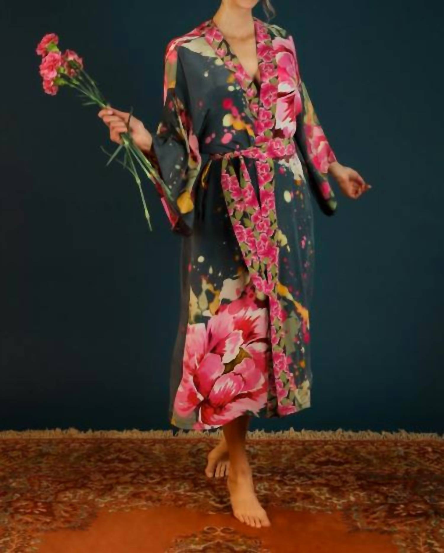 POWDER Kimono Gown in Painted Peony - Pkg10 - Charcoal