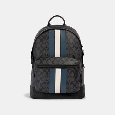 코치 COACH Outlet west backpack in signature canvas with varsity stripe,gunmetal/charcoal/denim/chalk