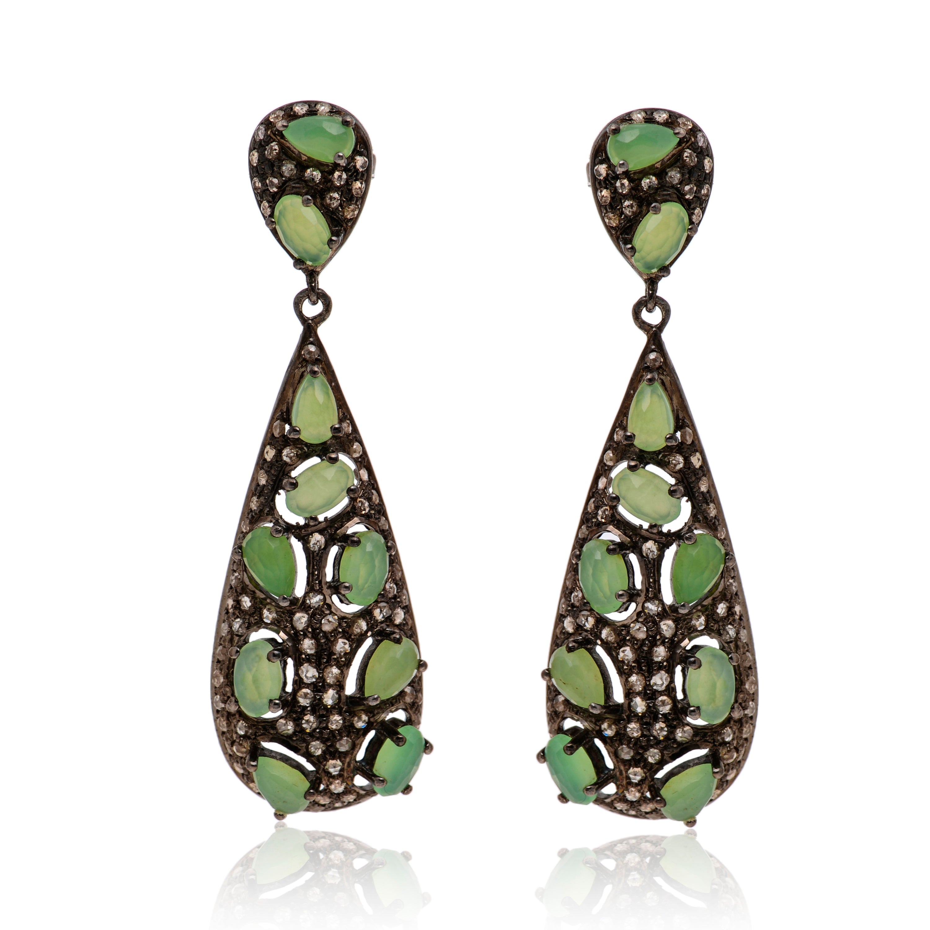 Bavna Sterling Silver, Chrysoprase 4.51ct. Tw. And Rose Cut Diamonds 1.71ct. Tw. Drop Earrings In Green