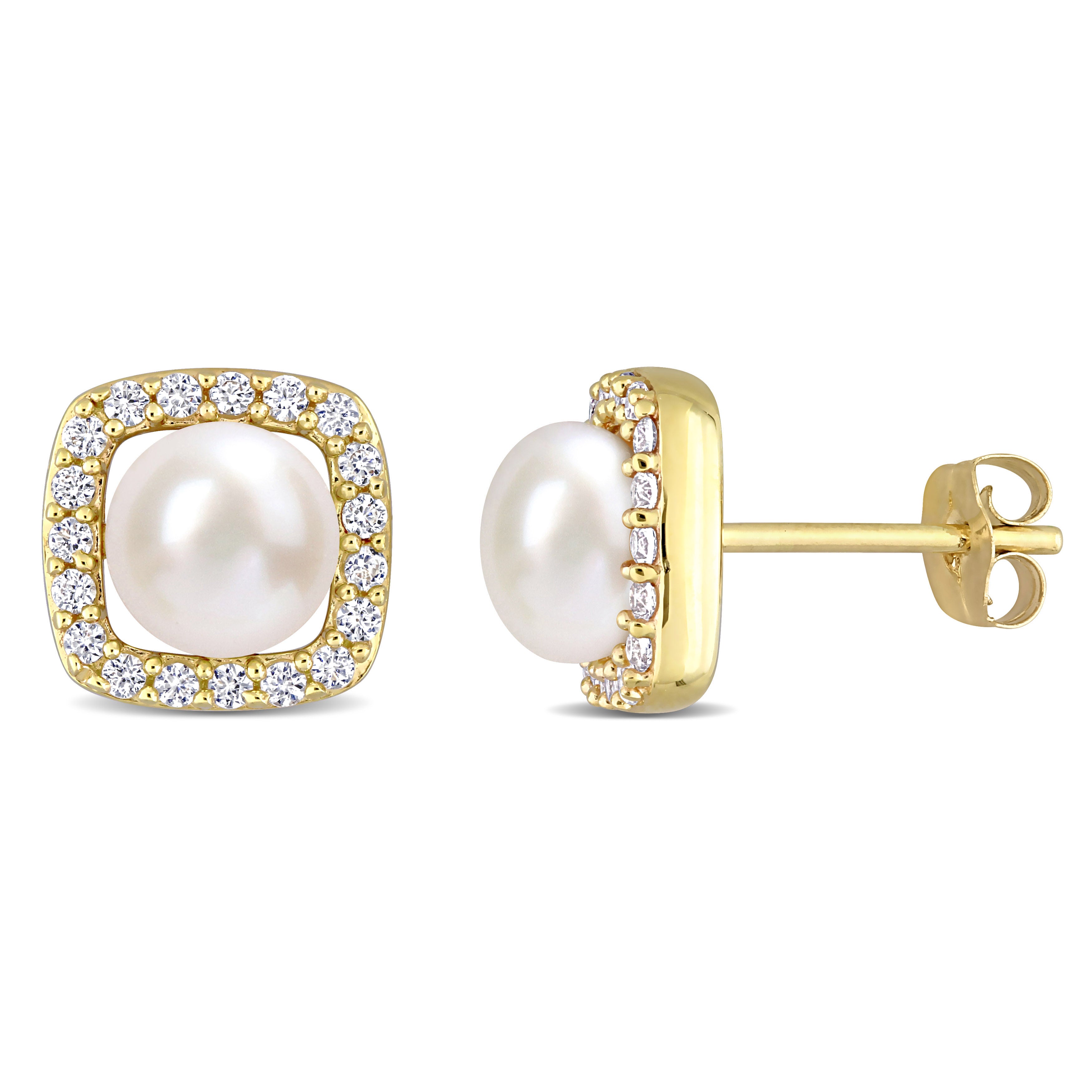 Shop Mimi & Max 6-6.5mm Cultured Freshwater Pearl And 3/8ct Tgw Created White Sapphire Halo Earrings In 10k Yellow G In Multi