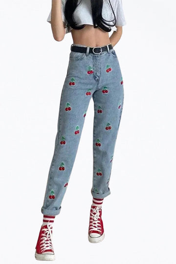 Grace & Lace high-rise cherry-embroidered tapered jeans in light blue