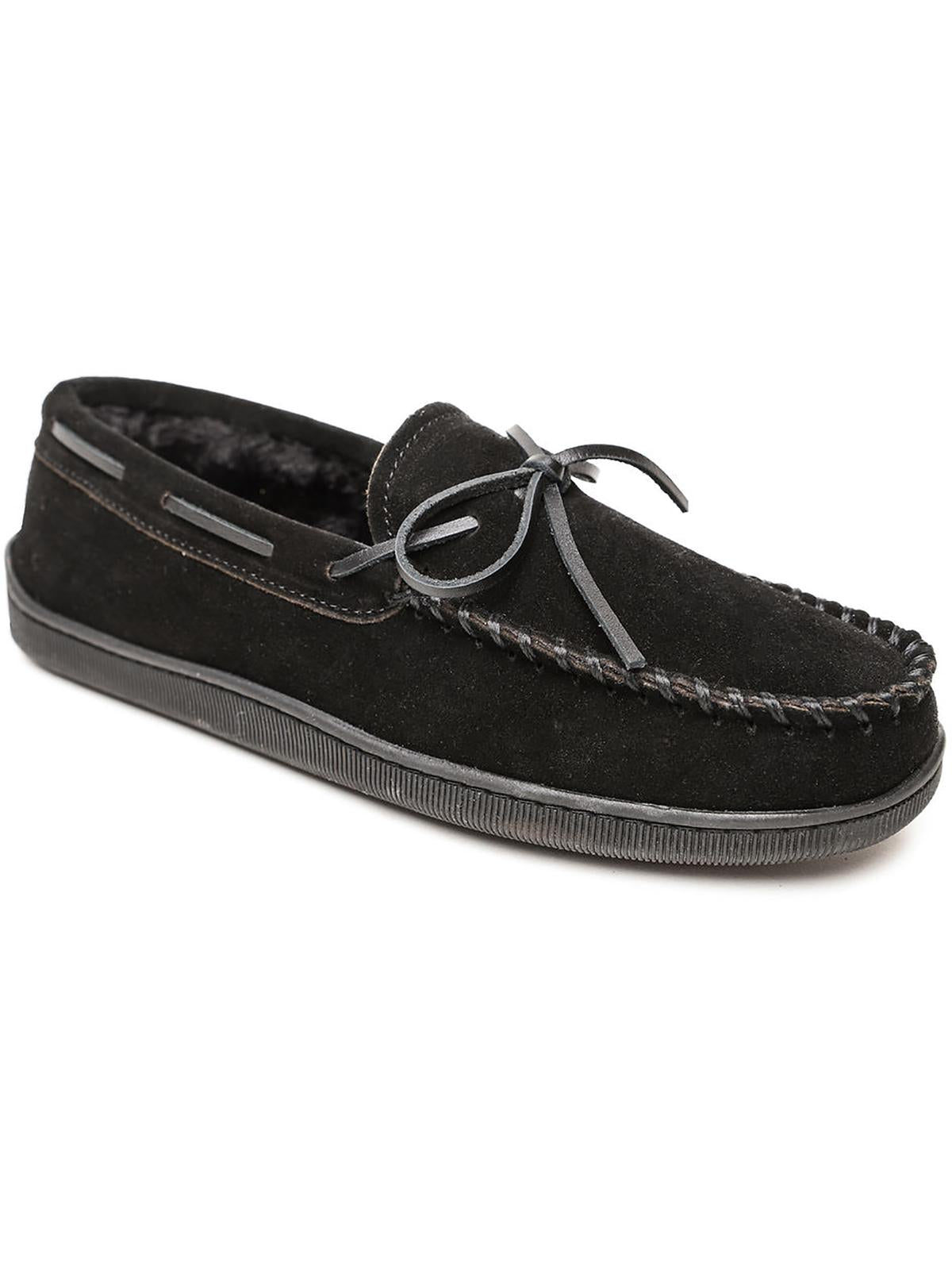 MINNETONKA Pile Lined Hardsole Mens Faux Suede Bow Moccasin Slippers