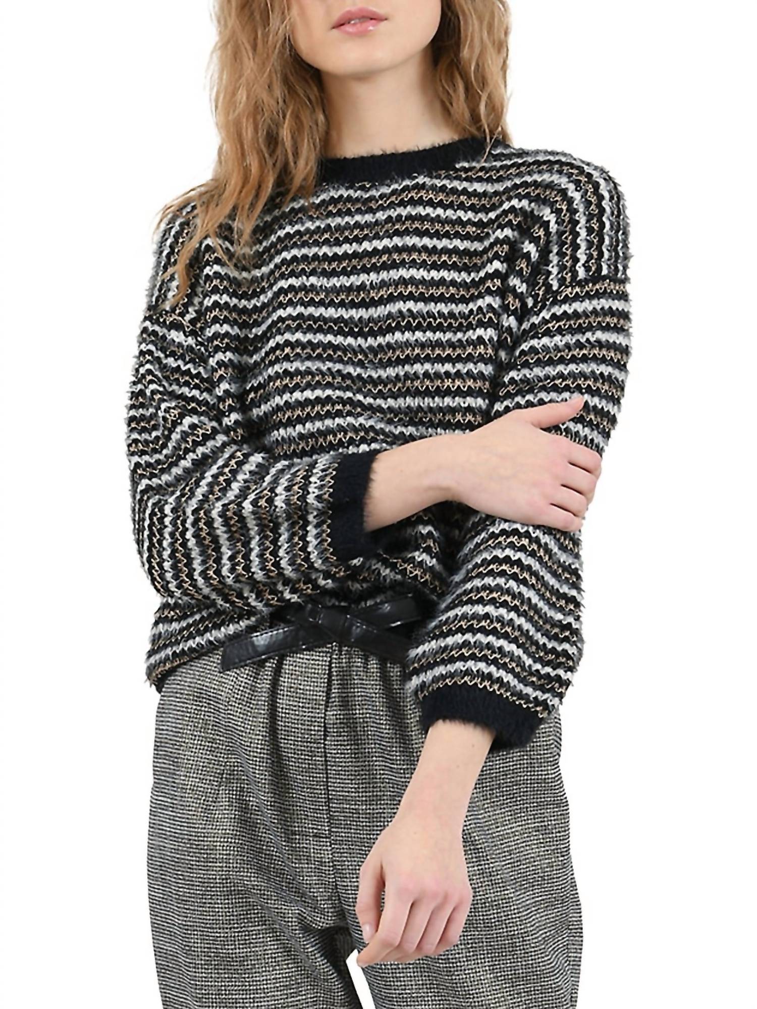 MOLLY BRACKEN Hoping For Snow Striped Sweater in Black And White