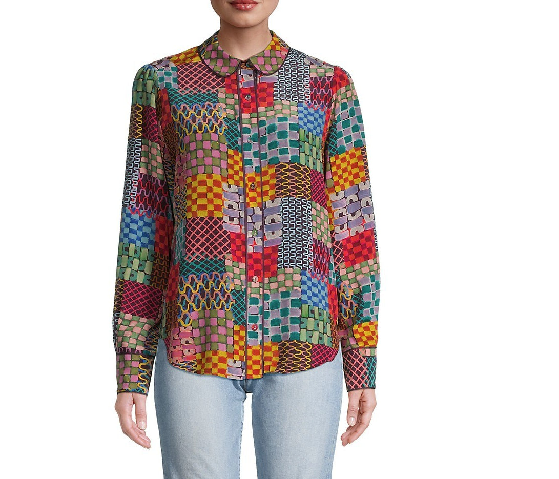 Shop Johnny Was Women Isadora Waves Long Sleeve 100% Silk Top Blouse Multicolor