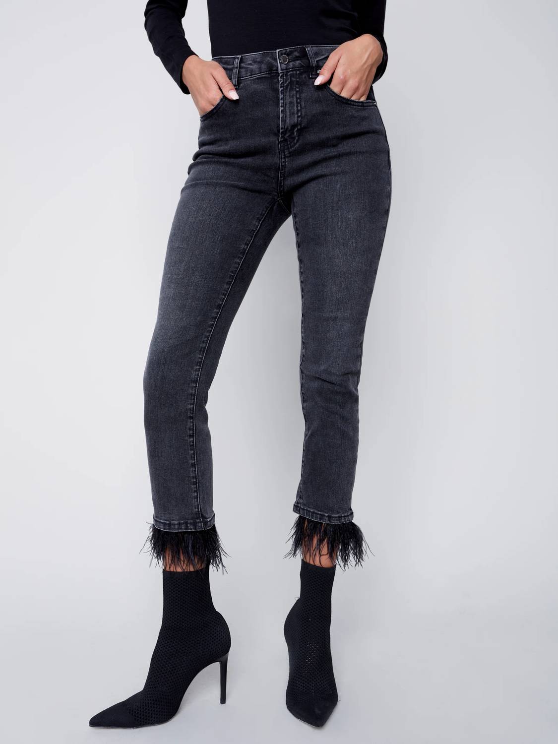 Shop Charlie B Feather Trim Denim Jeans In Charcoal In Grey