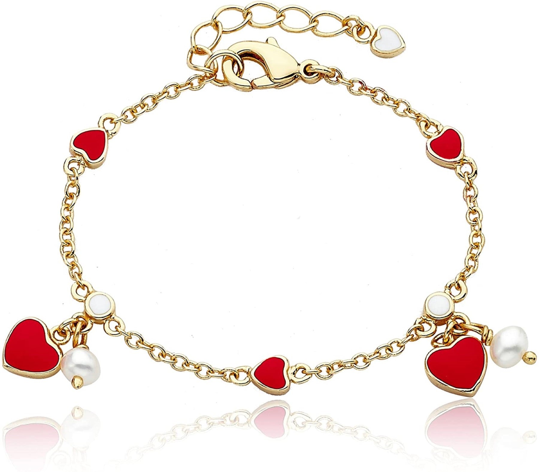 Shop Rachel Glauber Rg 14k Yellow Gold Plated With Red Enamel Heart & Pearl Dangle Charm Bracelet