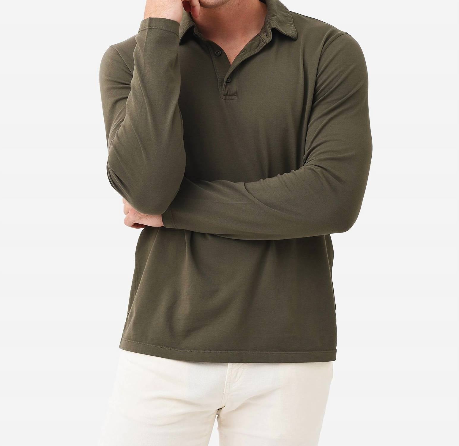 VINCE Garment Dye Long Sleeve Polo in Olive Field