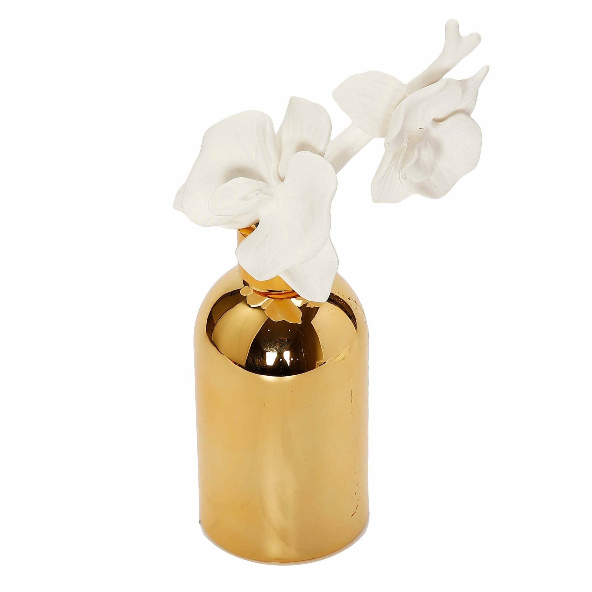 VIVIENCE Gold Bottle Diffuser with Gold Cap and White Flower, "English Pear & Freesia" Scent
