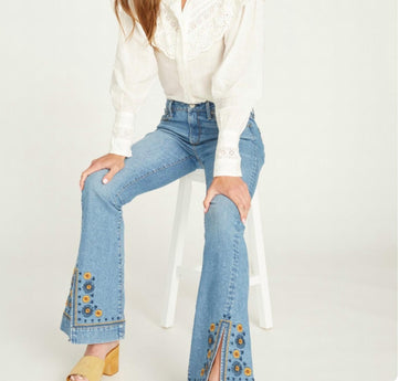 Driftwood farrah flare slit golden gates split hem jeans 34 regular in blue