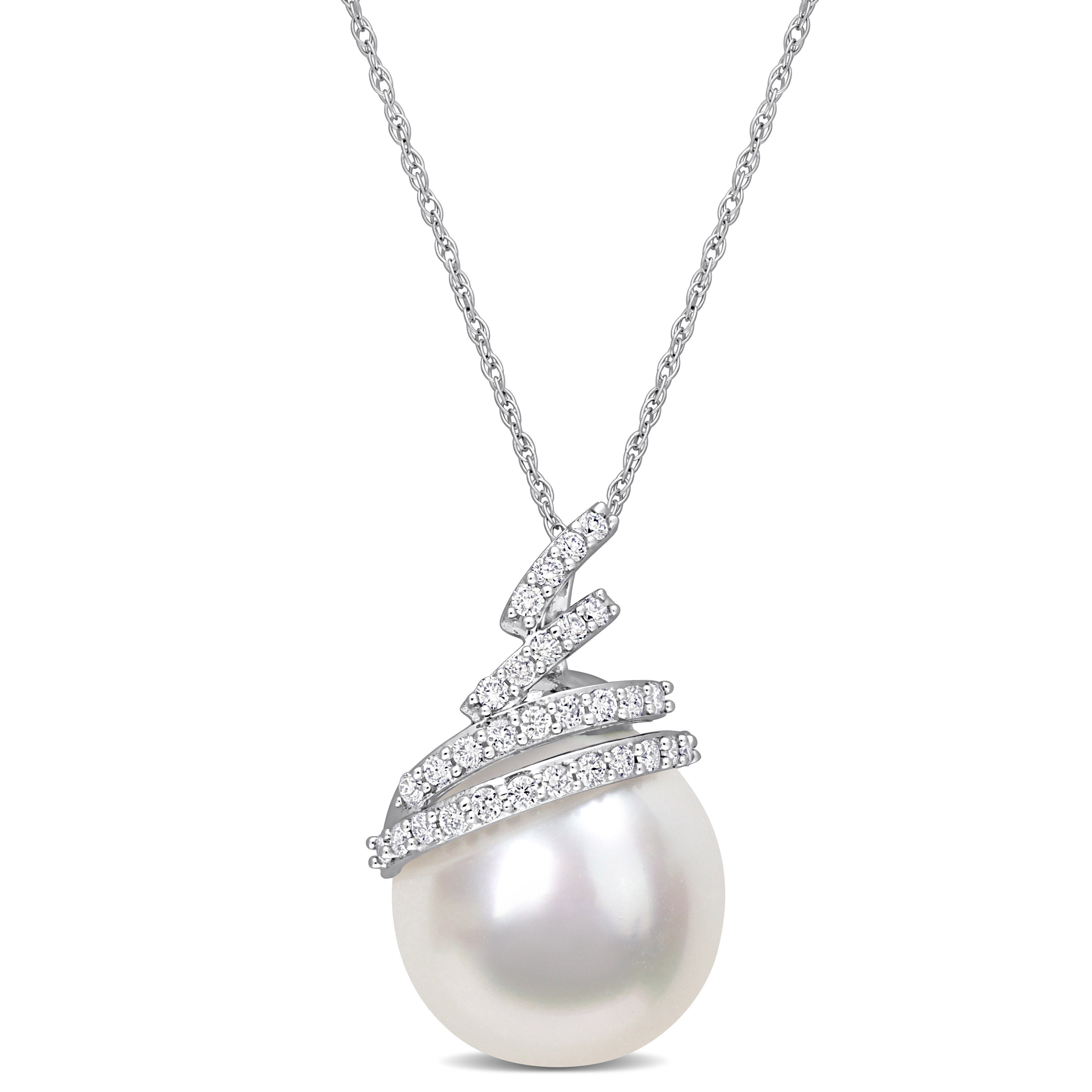 Shop Mimi & Max 12-12.5mm South Sea Cultured Pearl And 1/4ct Tdw Diamond Drop Pendant With Chain In 10k White Gold