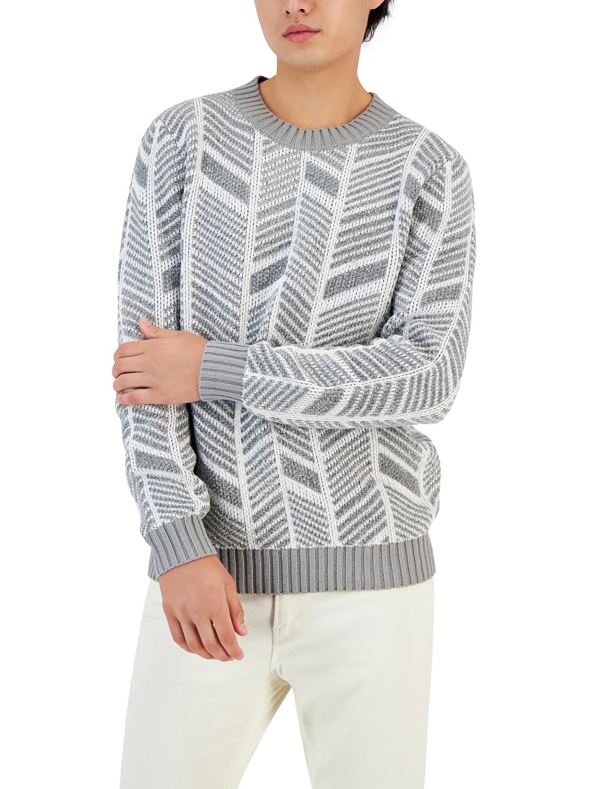 Shop Alfani Mens Knit Herringbone Crewneck Sweater In Grey