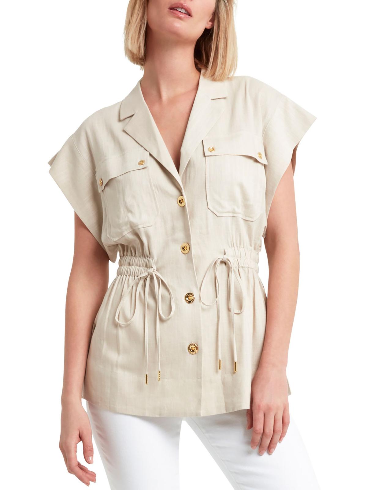 H Halston Womens Linen Blend Cinch Waist Utility Jacket In Beige