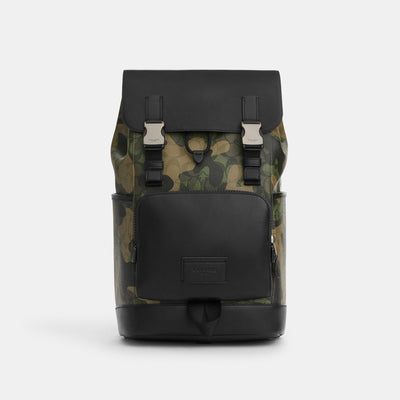 코치 COACH Outlet track backpack in signature canvas with camo print,gunmetal/green multi