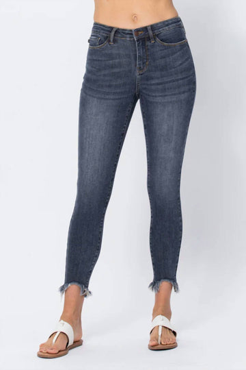 Judy Blue mid-rise shark bite hem skinny jeans in dark blue