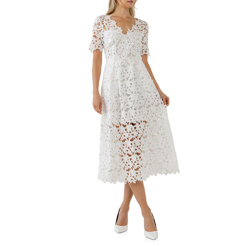 ENDLESS ROSE All Over Lace Short Sleeves Midi Dress