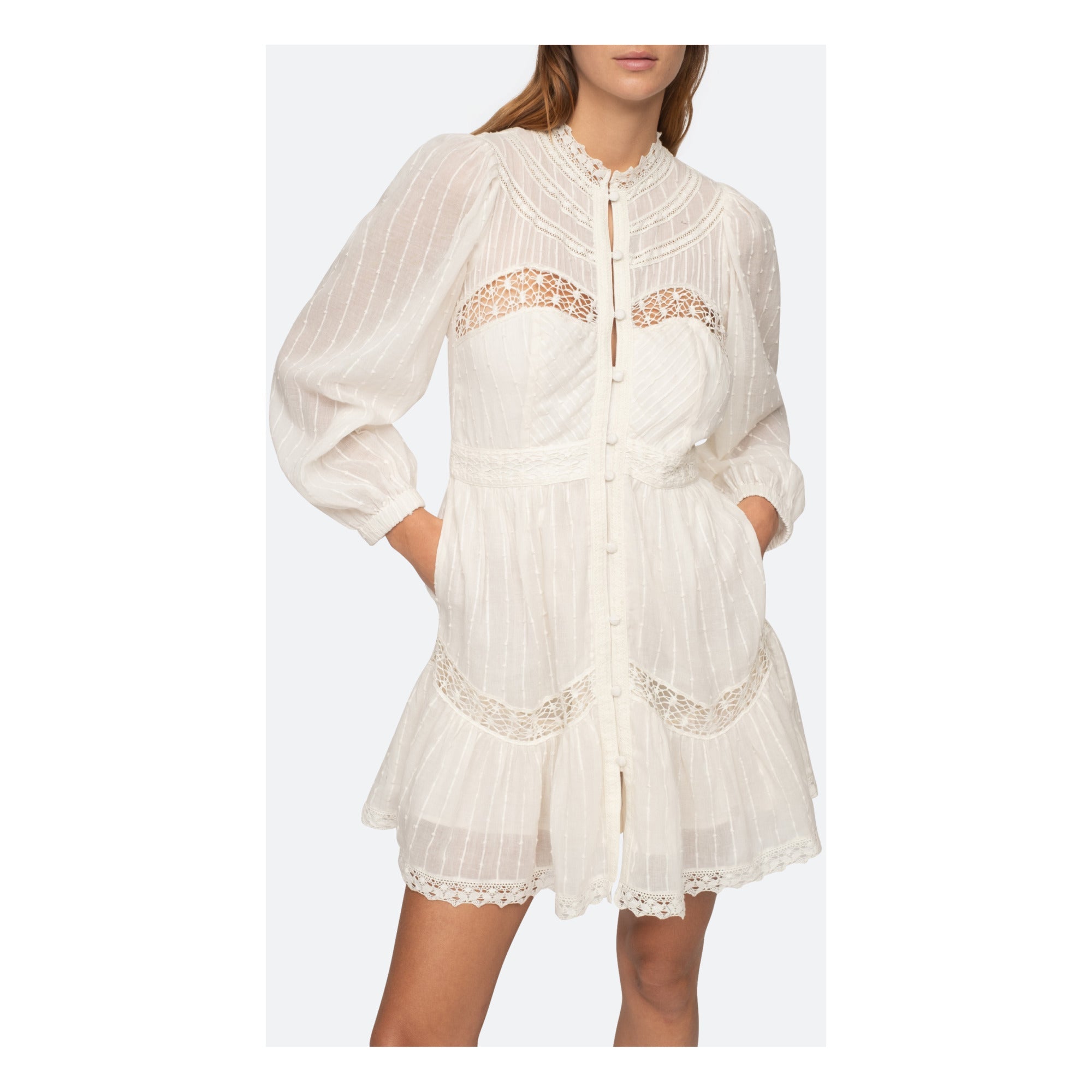 Shop Sea Ny Women Haven Cotton Dobby Long Sleeve Pintucked Mini Dress Cream In White