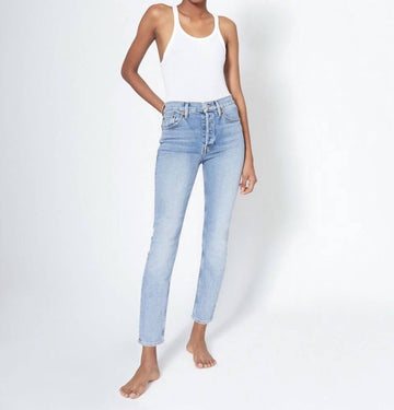 Re/Done comfort stretch high rise ankle crop jean in pale indigo wash