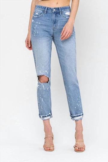 Flying Monkey mid rise paint splatter boyfriend jean in blue