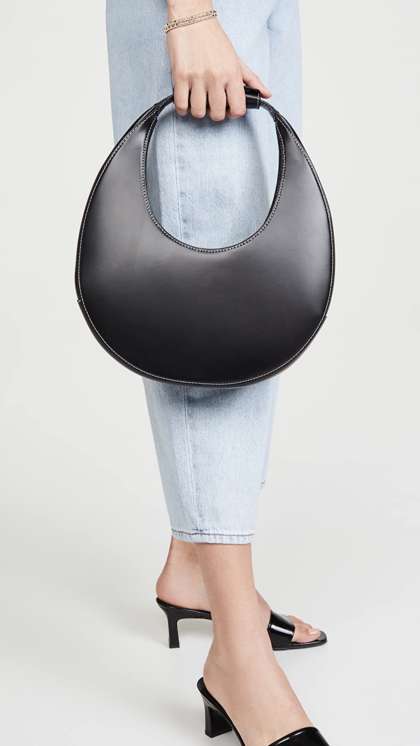 Shop Staud Women Moon Suede Leather Top Handle Tote Handbag Black Os