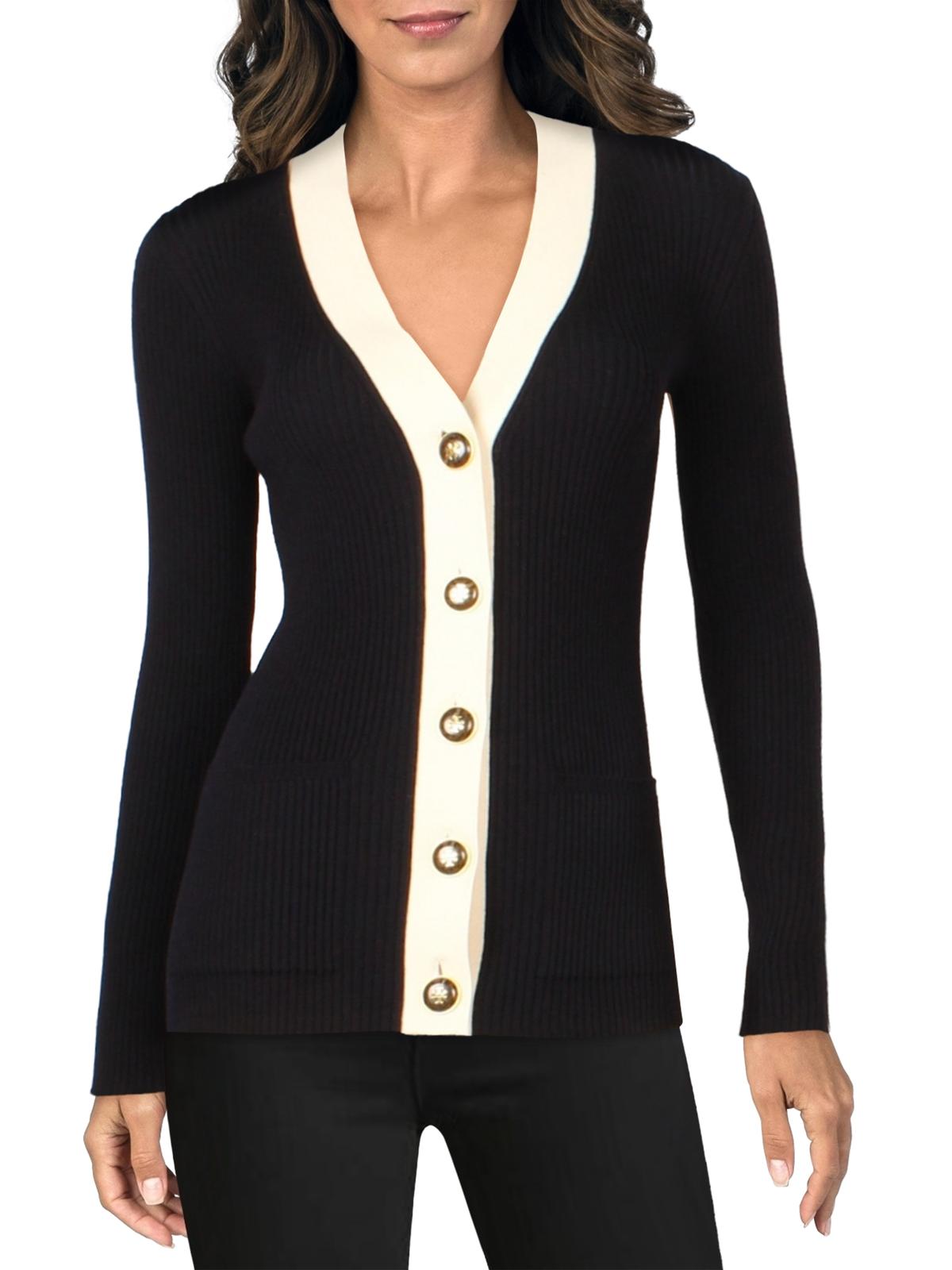 Tory Burch Simone Womens Ribbed Long Sleeve Cardigan Sweater In Black |  ModeSens