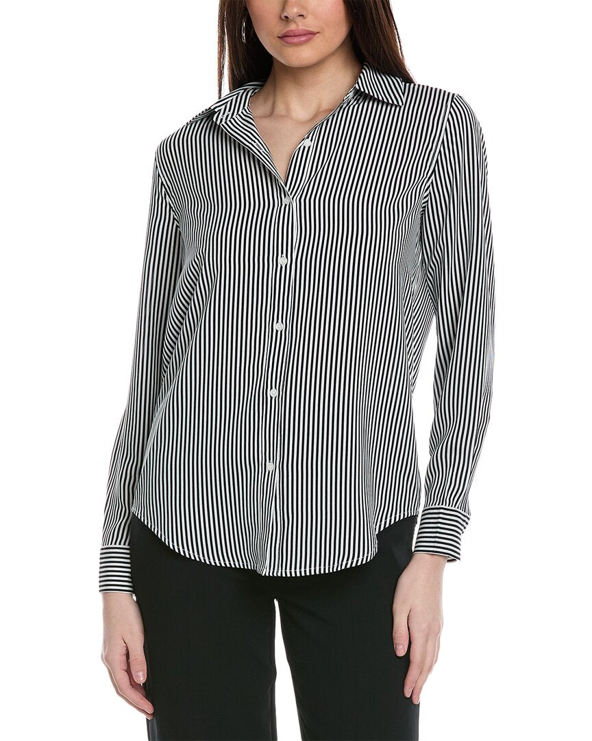 Shop T Tahari Collared Button-down Striped Woven Shirt In White