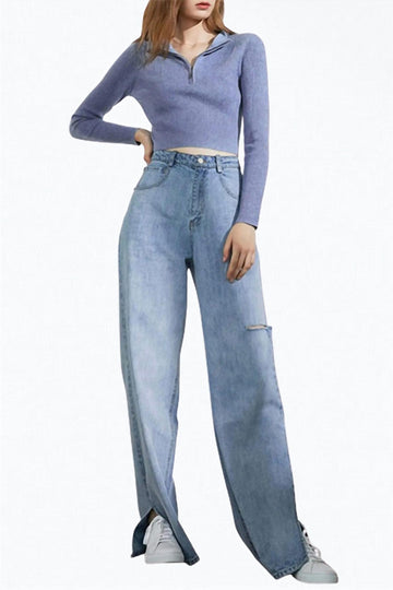 J.Ing dennis cutout slit-hem wide-leg jeans in light blue