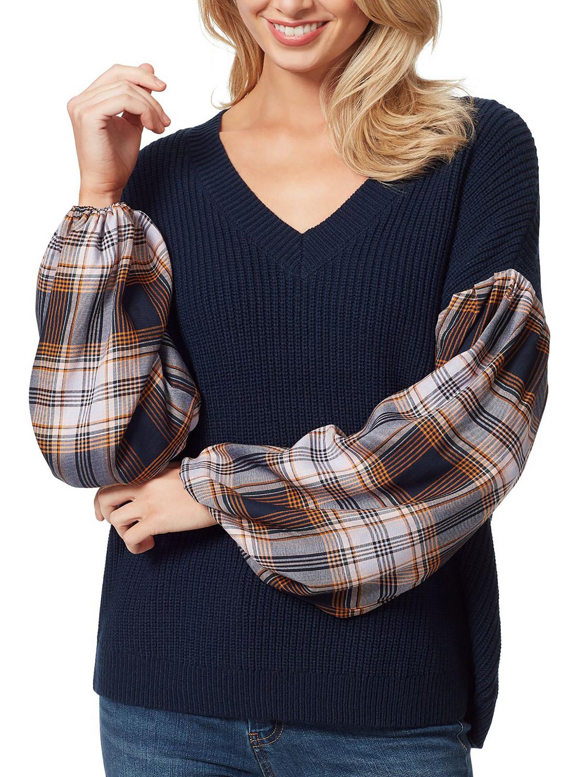Shop Jessica Simpson Emmeline Womens Plaid V-neck Pullover Sweater In Blue
