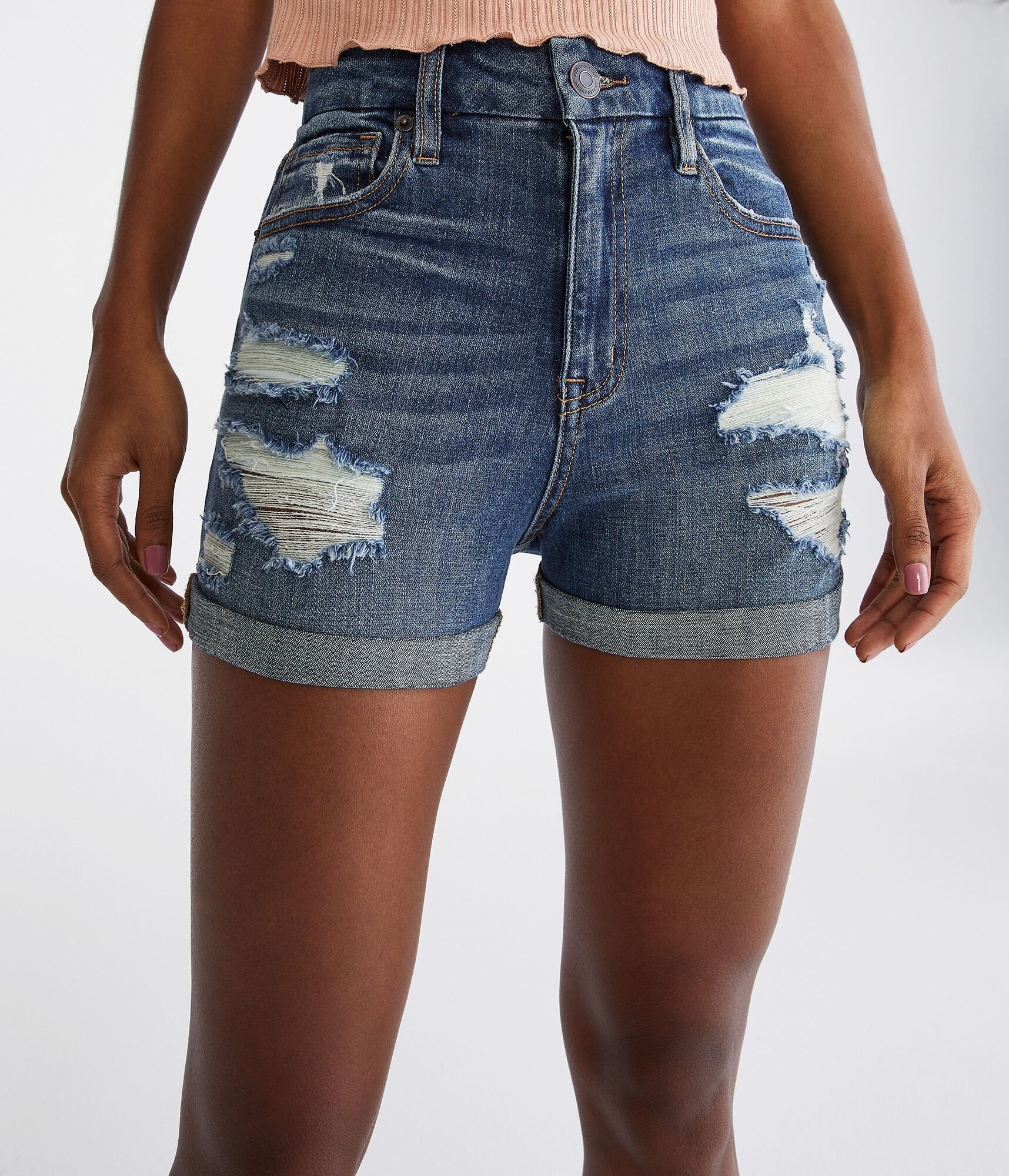 Shop Aéropostale Curvy High-rise Denim Midi Shorts In Blue