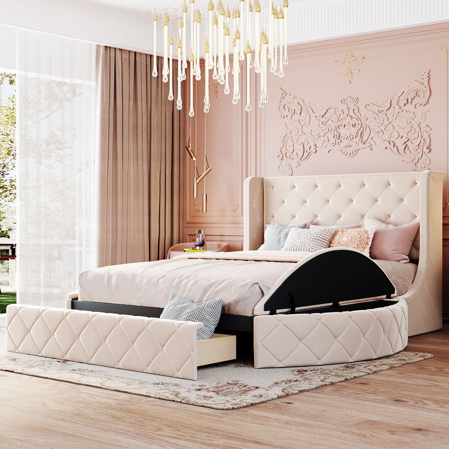 Shop Simplie Fun Upholstered Platform Bed Queen Size Storage Velvet Bed